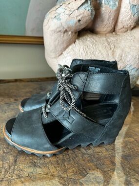 Sorel Black Open-Toe Lace-Up Wedge Sandals
